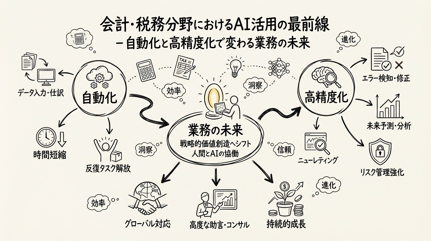 会計・税務分野におけるAI活用の最前線 - 自動化と高精度化で変わる業務の未来のイメージ