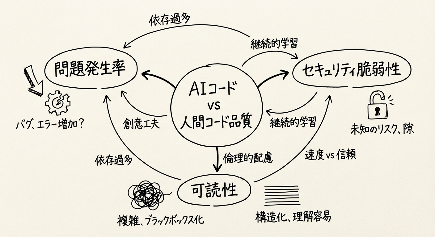 AIが書くコードの問題点：最新調査で明らかになった品質とセキュリティリスクのイメージ