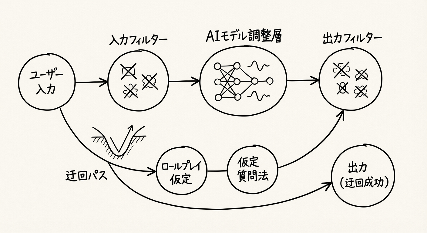 生成AIガードレールの仕組みと迂回手法の概念図