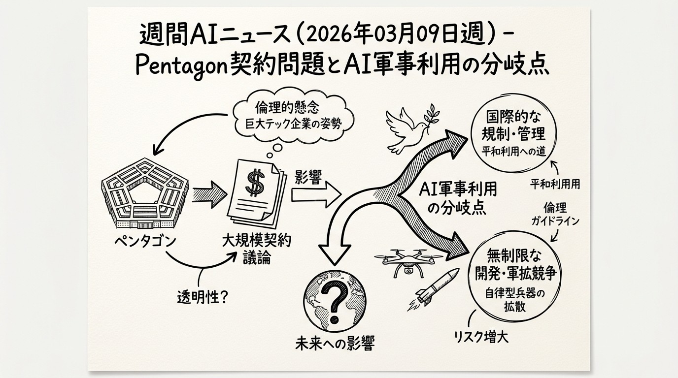 週間AIニュース（2026年03月09日週）- Pentagon契約問題とAI軍事利用の分岐点のイメージ