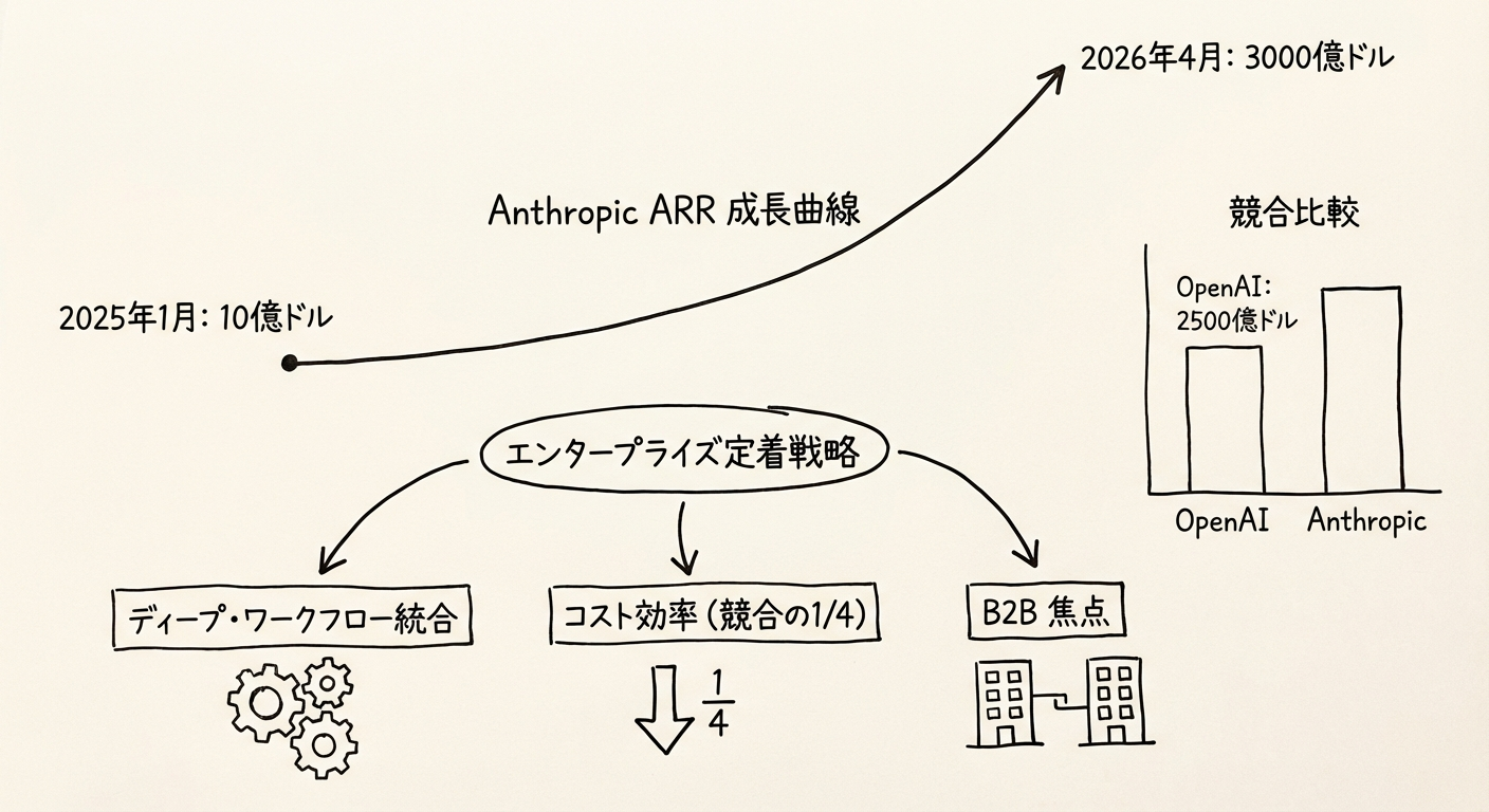 AnthropicのARR急成長推移:2025年1月10億ドルから2026年4月300億ドルへのロードマップと、エンタープライズ戦略の三つの柱