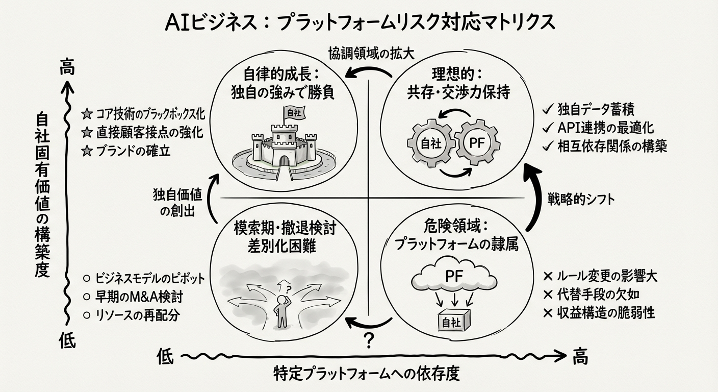 プラットフォームリスク対応マトリクス:依存度と差別化の軸による分類