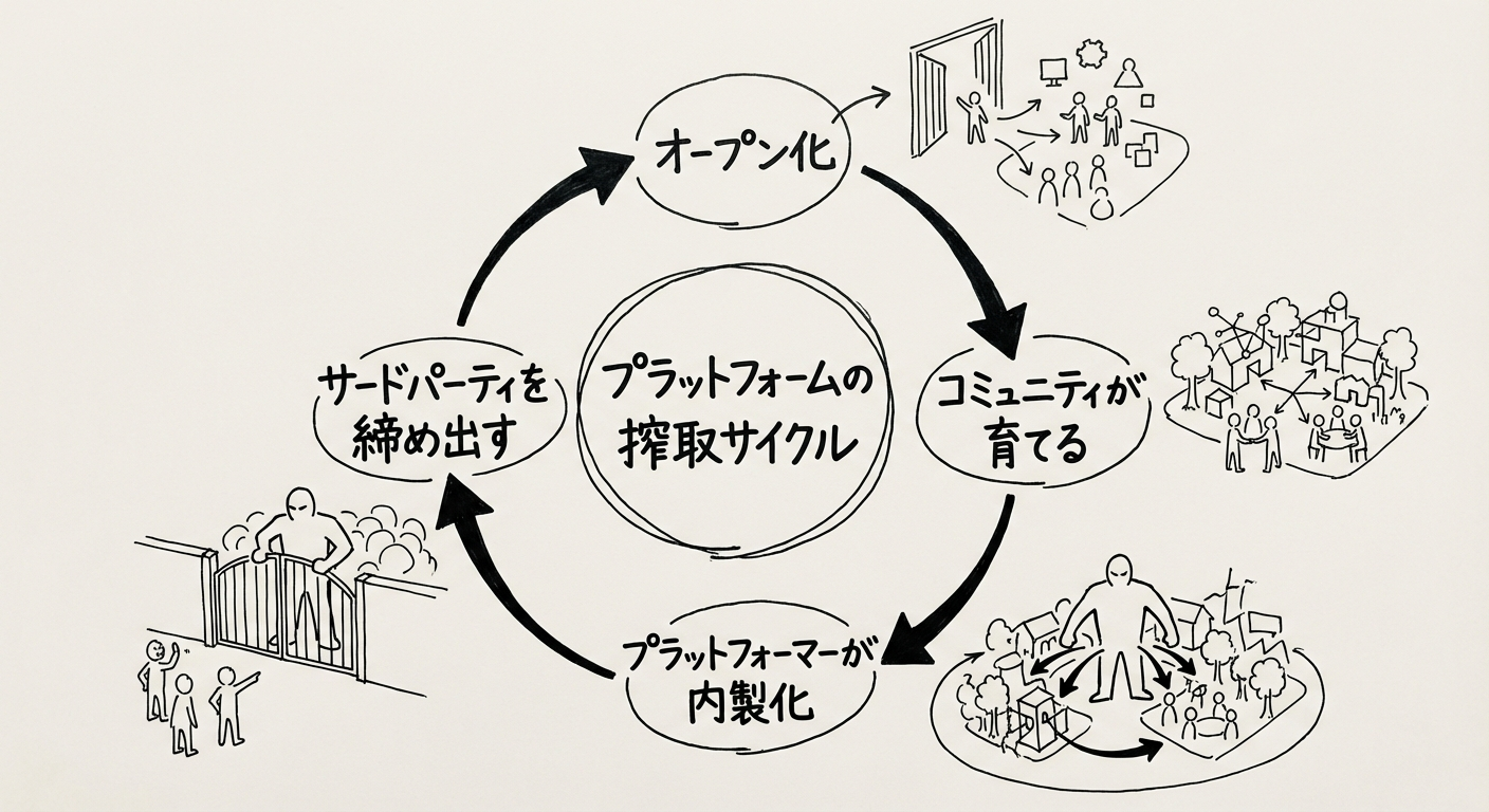 プラットフォームの搾取サイクル:オープンソースの育成から内製化・締め出しまで