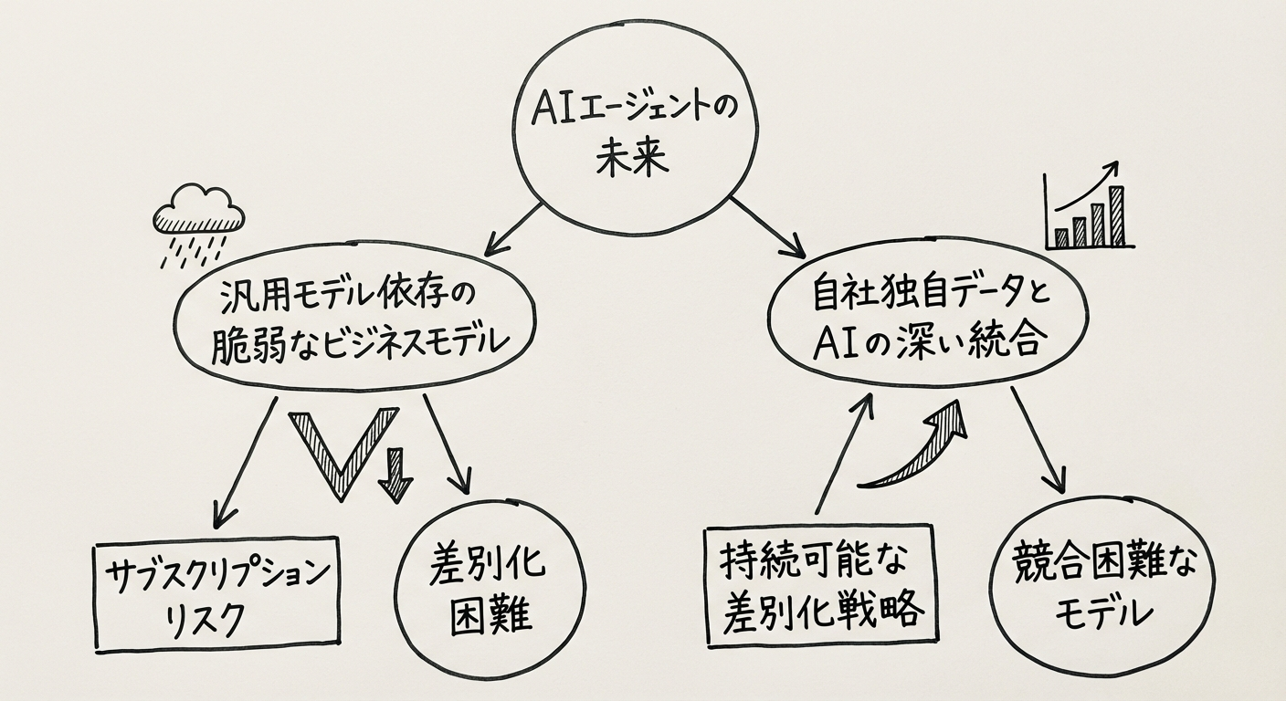 持続可能なAI戦略:汎用モデル依存の脆弱なビジネスモデルと自社固有データを活用した競合困難なモデルの対比