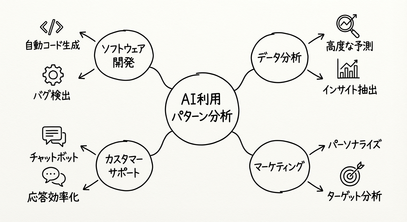 Anthropic Economic IndexによるAI利用パターンの職種別分類概念図