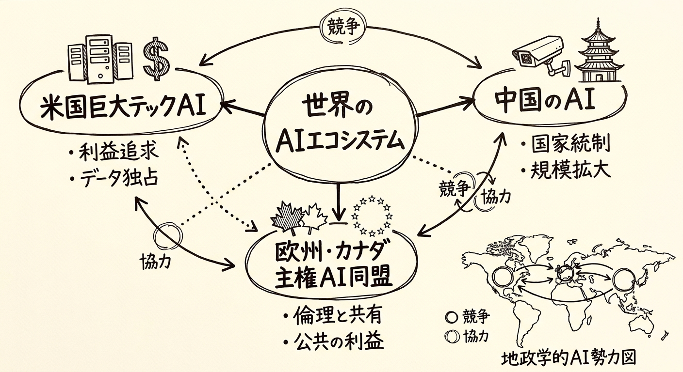 AI基盤モデル市場の三極構造:米国陣営・中国陣営・欧州カナダのソブリンAI連合が形成する新たな地政学的AI勢力図