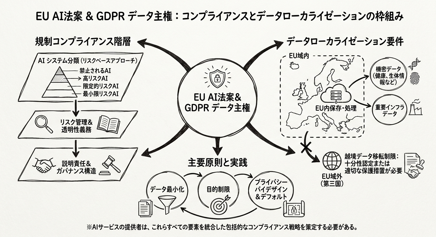 EU AI ActとGDPRが定めるデータ主権・コンプライアンス要件の階層構造:AIサービスが欧州市場で準拠すべき規制フレームワークの概念図