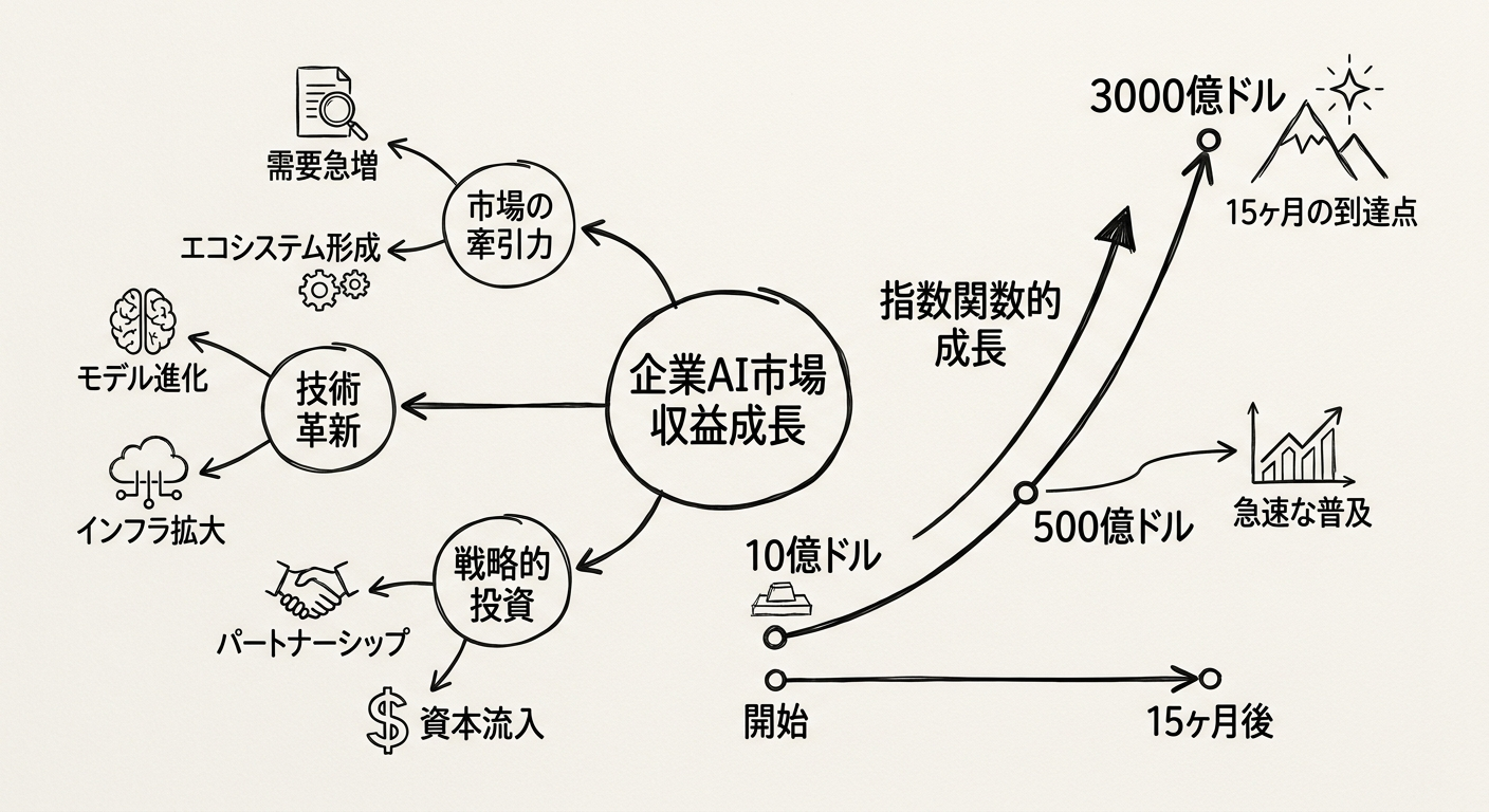 AnthropicのARR成長曲線:2025年1月の10億ドルから2026年4月の300億ドルへ、わずか15ヶ月で30倍に拡大した急成長を示す指数的成長グラフ