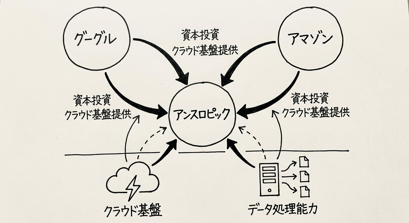 GoogleとAmazonがAnthropicに二重投資する資本構造の概念図:競合クラウド2社が同一AI企業の主要出資者として並立する前例のない構図