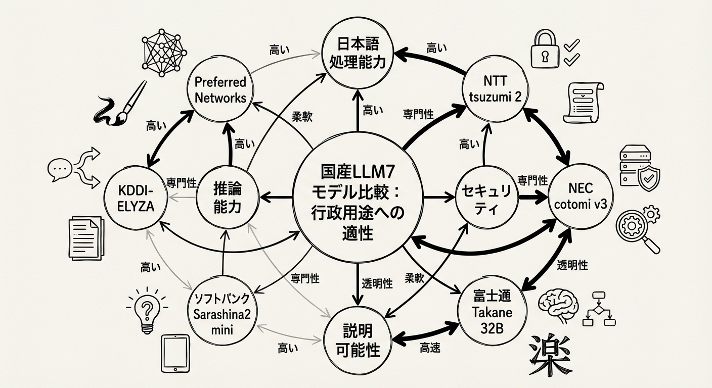 国産LLM7モデルの比較と行政用途適性:NTT tsuzumi 2、NEC cotomi v3、富士通 Takane 32Bなど