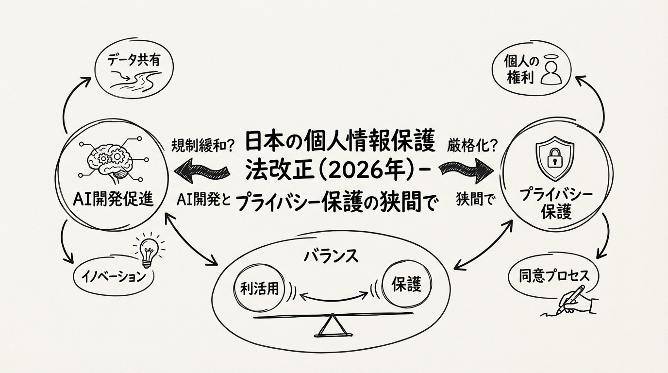 日本の個人情報保護法改正（2026年）- AI開発促進とプライバシー保護の狭間でのイメージ