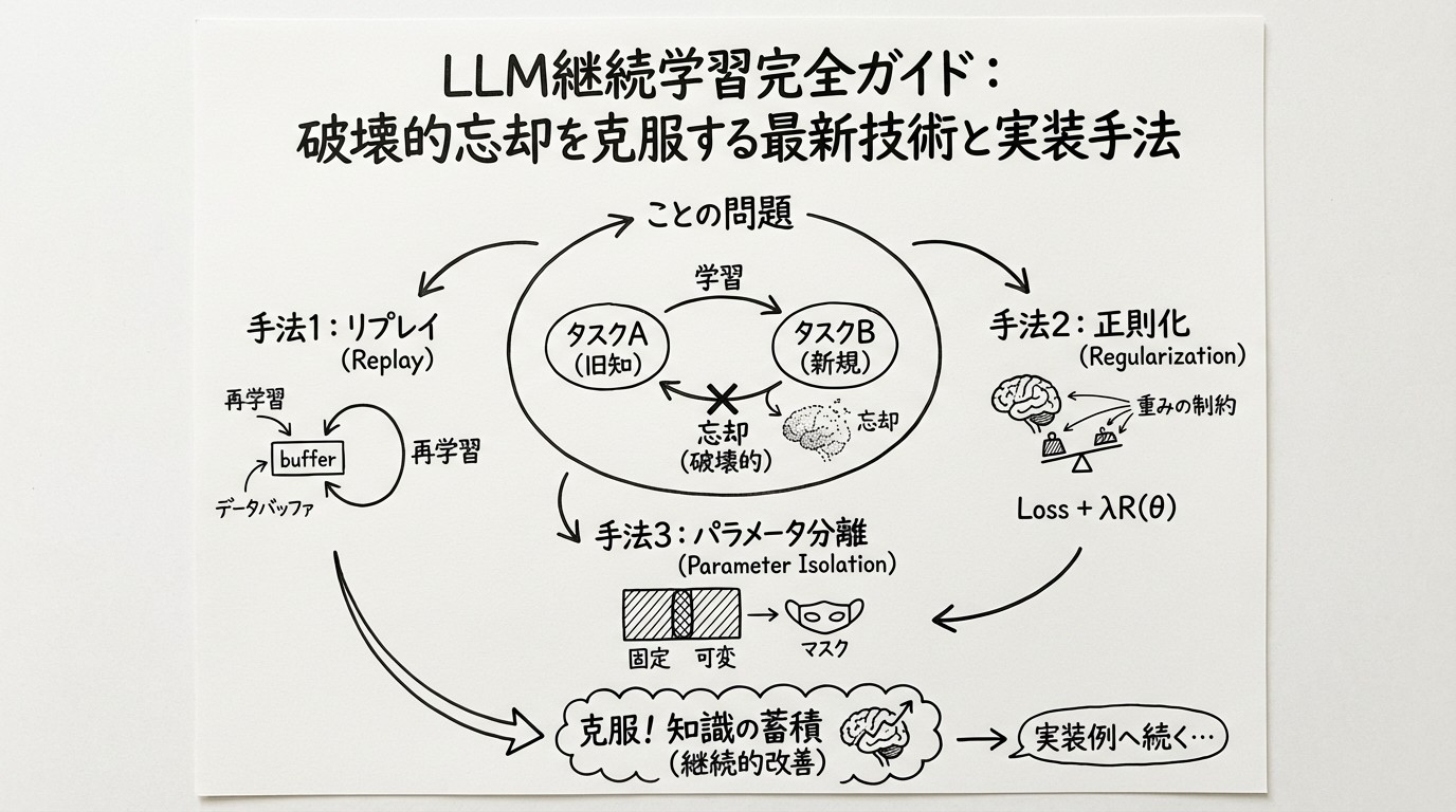 LLM継続学習完全ガイド：破壊的忘却を克服する最新技術と実装手法のイメージ