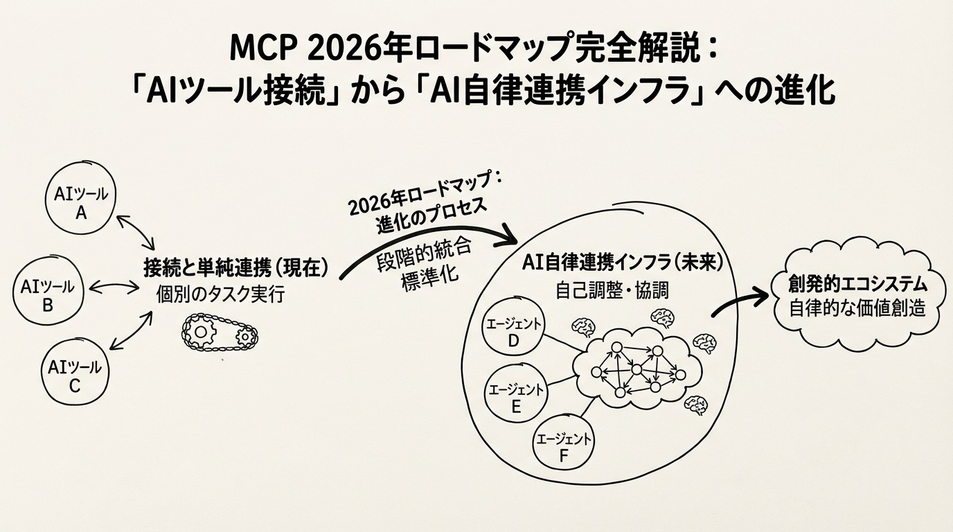 MCP 2026年ロードマップ完全解説：「AIツール接続」から「AI自律連携インフラ」への進化のイメージ