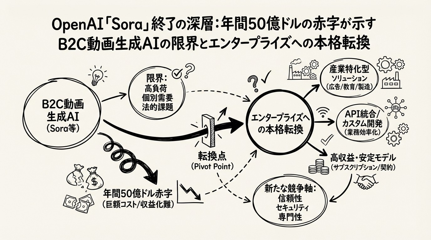 OpenAI「Sora」終了の深層:年間50億ドルの赤字が示すB2C動画生成AIの限界とエンタープライズへの本格転換のイメージ