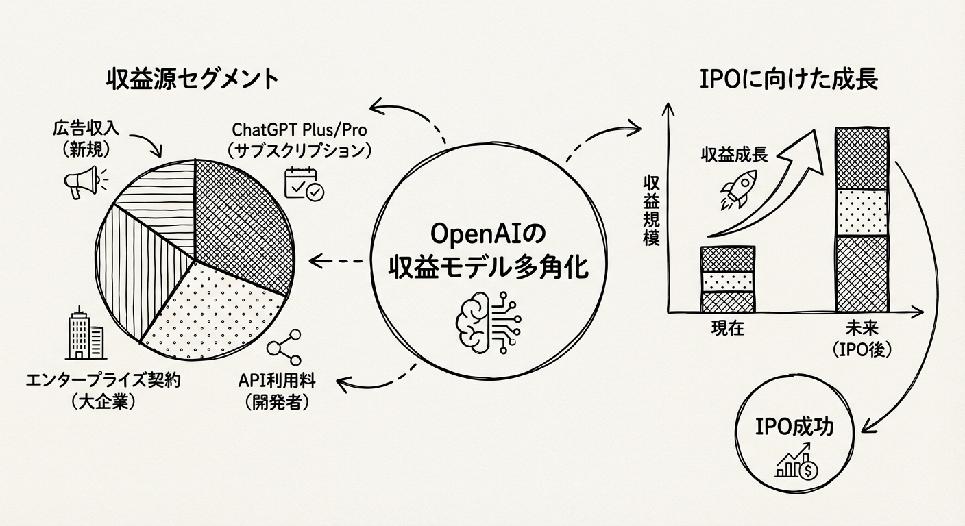 OpenAIの収益モデル多角化:サブスクリプション・API・エンタープライズ・広告の4本柱
