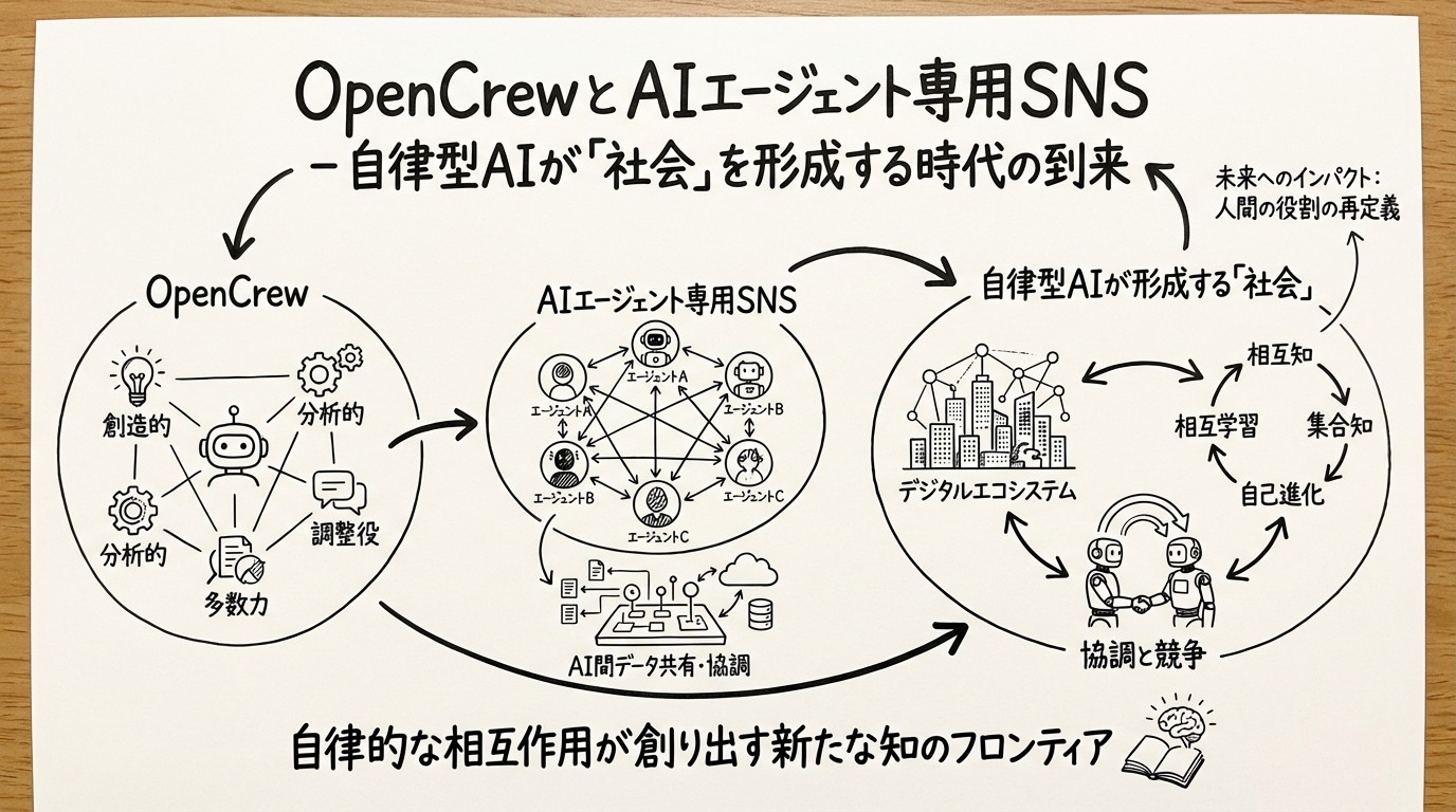 OpenCrewとAIエージェント専用SNS - 自律型AIが「社会」を形成する時代の到来のイメージ