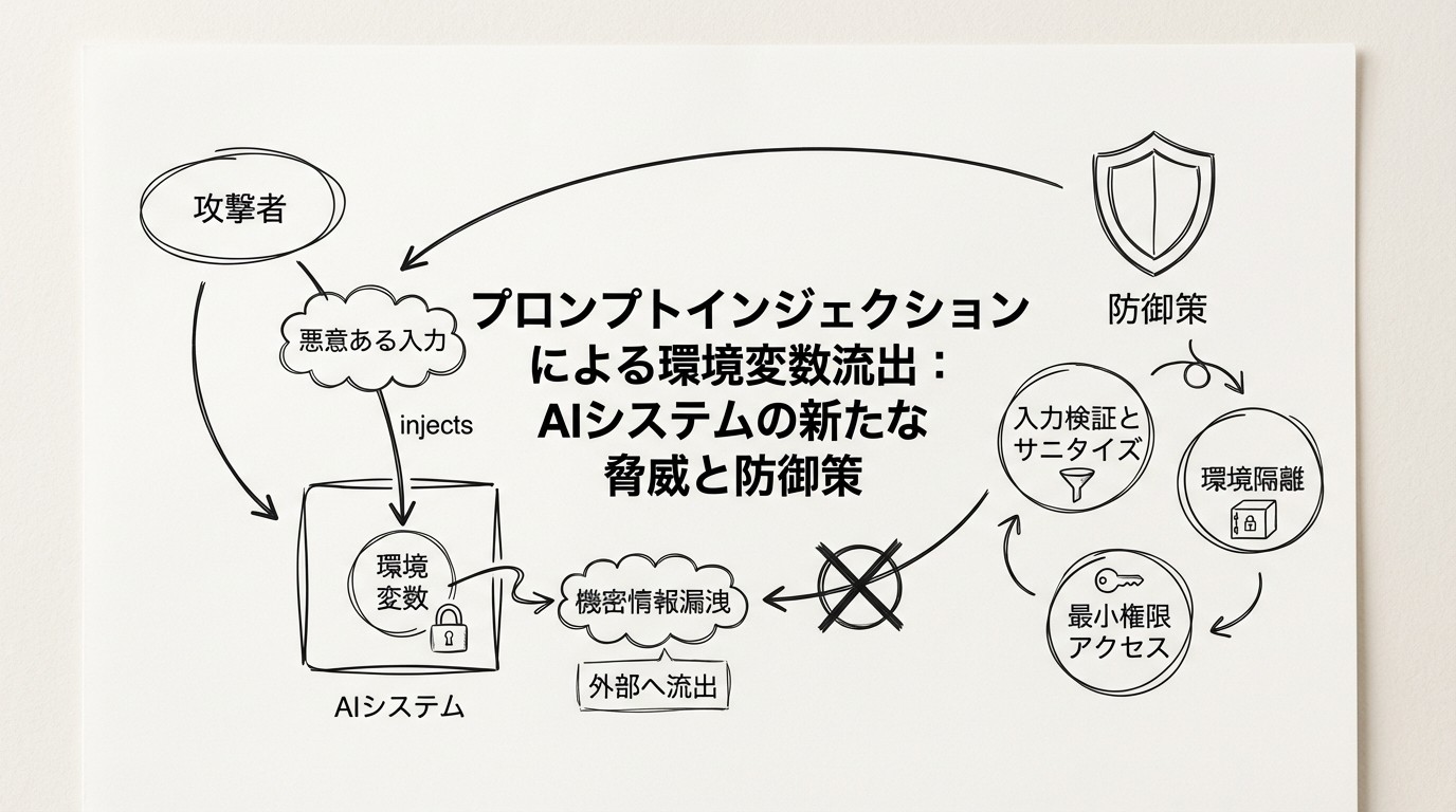 プロンプトインジェクションによる環境変数流出：AIシステムの新たな脅威と防御策のイメージ