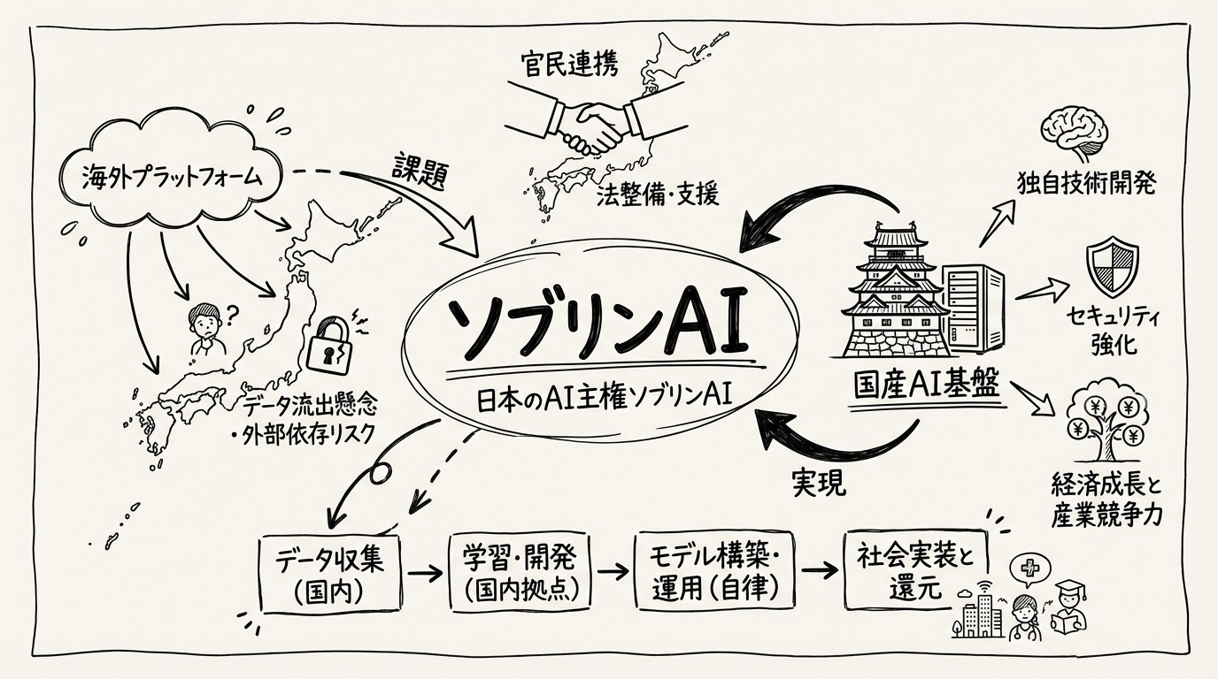 2026年日本のAI主権（ソブリンAI）動向 - 国内完結型AIへの転換のイメージ
