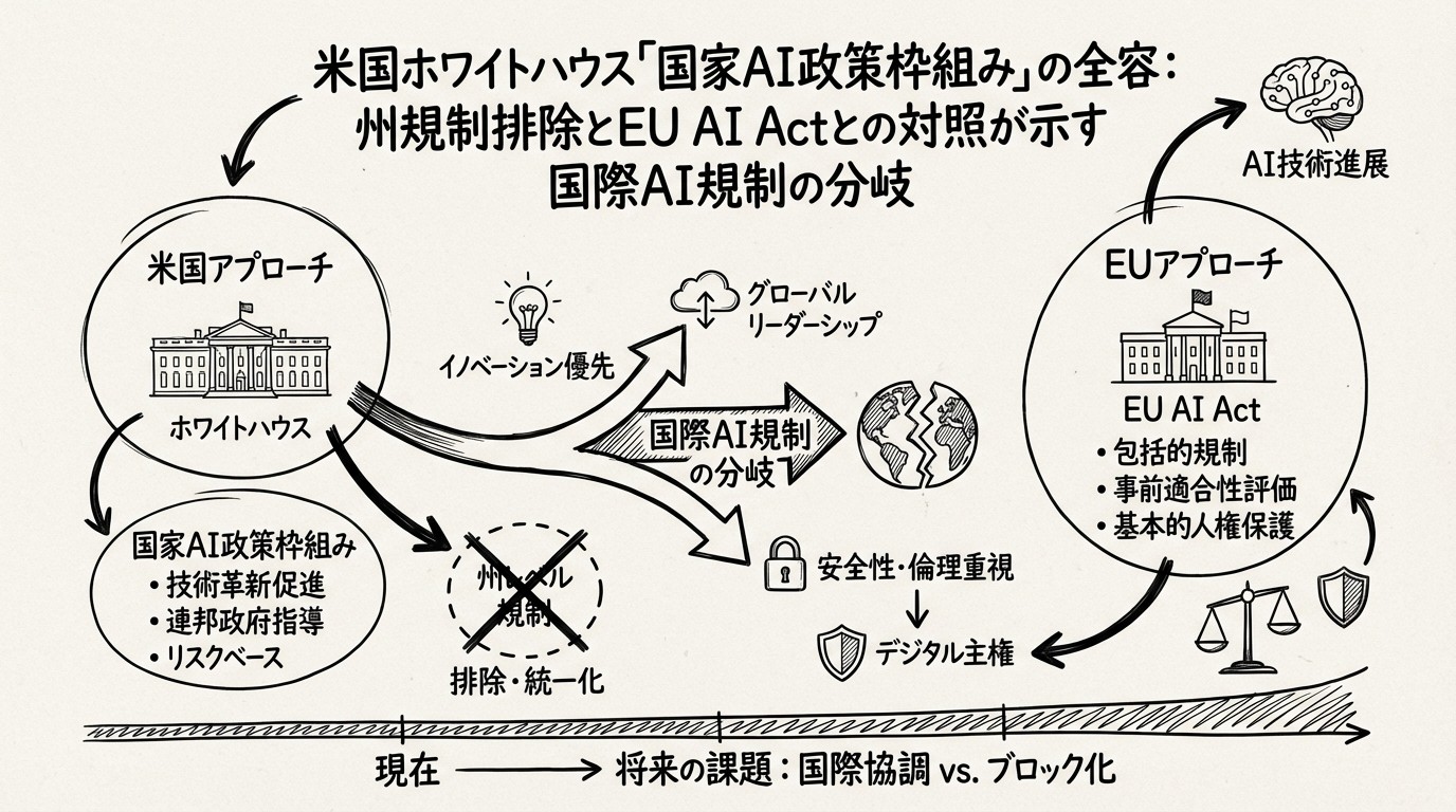 米国ホワイトハウス「国家AI政策枠組み」の全容:州規制排除とEU AI Actとの対照が示す国際AI規制の分岐のイメージ