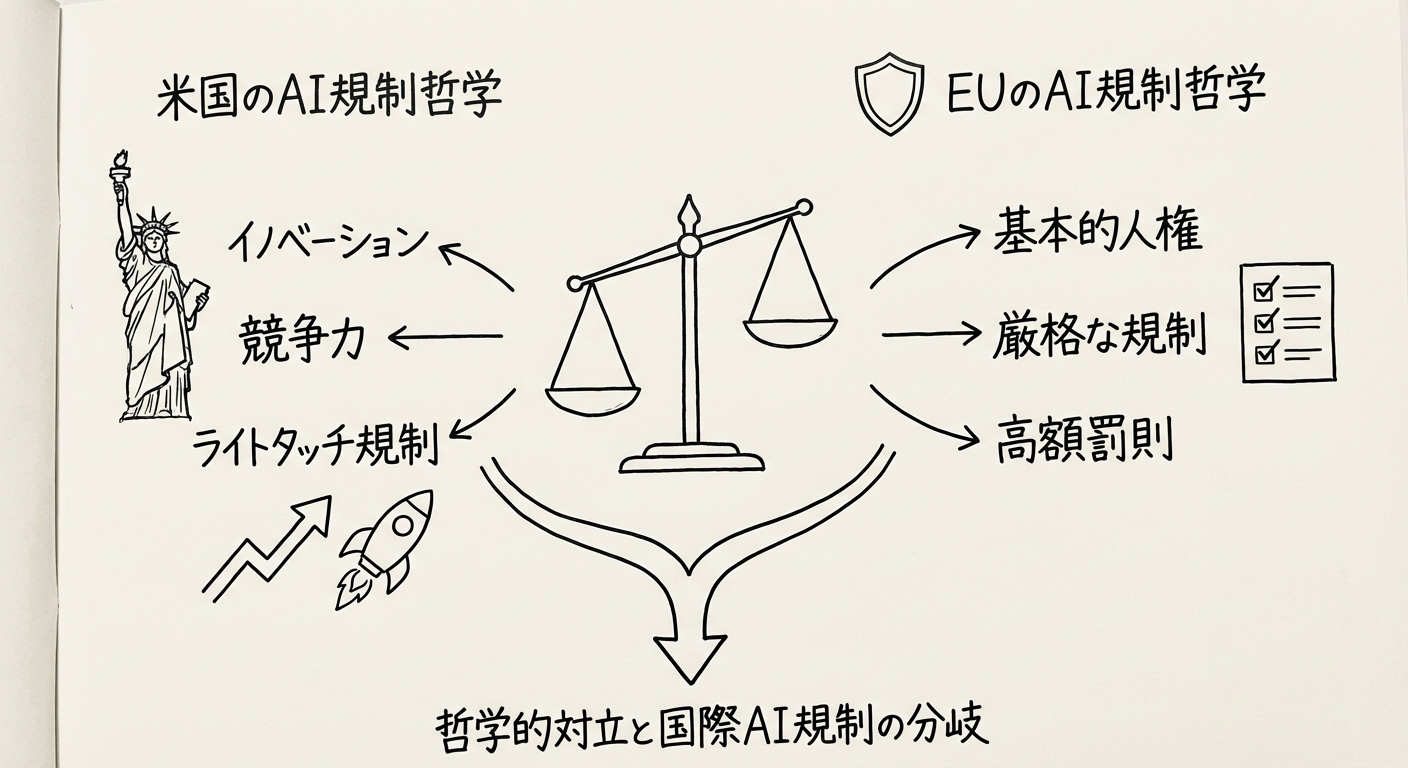 米国vsEU:AI規制アプローチの哲学的対比図