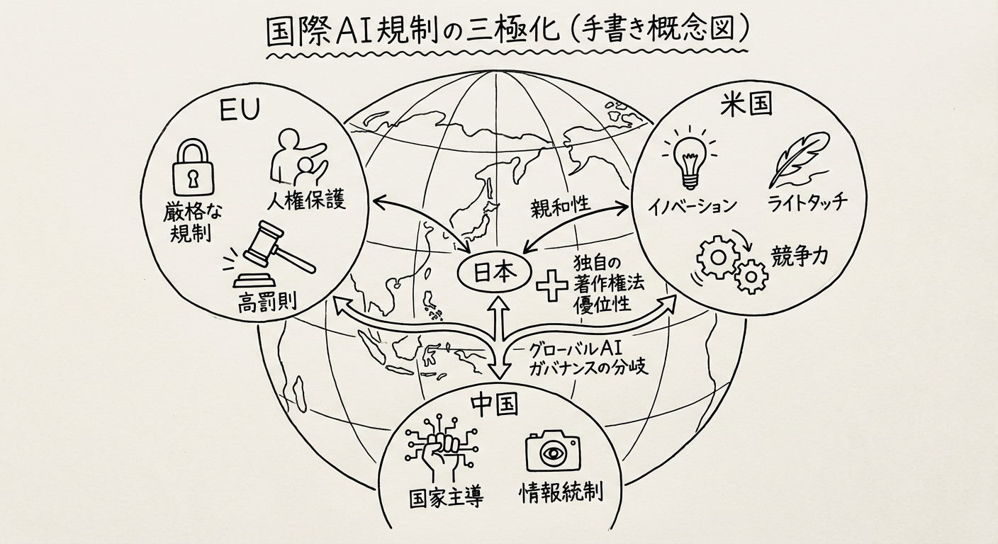 国際AI規制の3極化:EU・米国・中国の規制モデルと日本の位置づけ