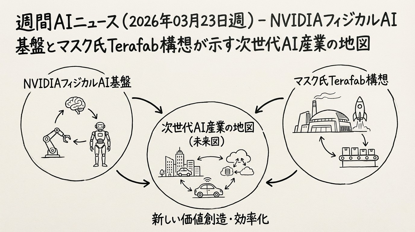 週間AIニュース(2026年03月23日週)- NVIDIAフィジカルAI基盤とマスク氏Terafab構想が示す次世代AI産業の地図のイメージ