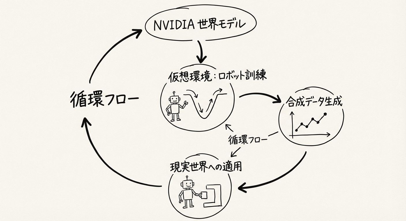 NVIDIA世界モデルを活用したフィジカルAI開発サイクルの概念図