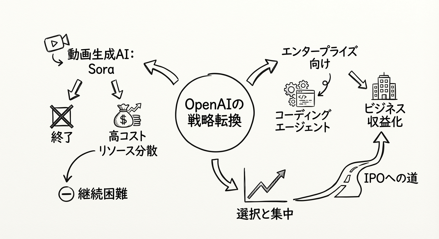 OpenAIのビジネスモデル転換:SoraからエンタープライズAIへのピボット概念図