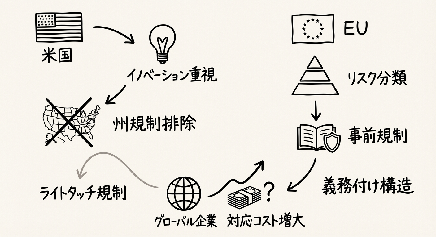米国vs EU:AI規制アプローチの比較図