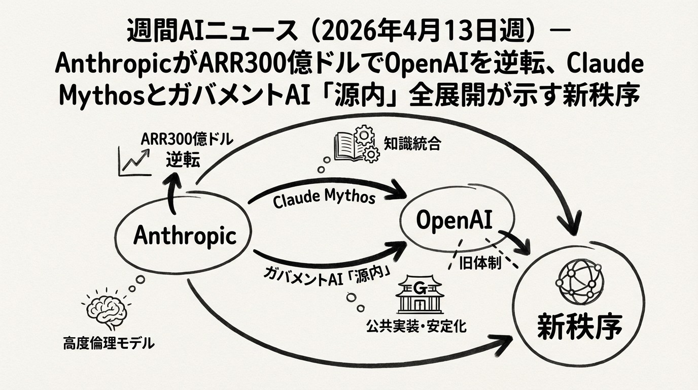 週間AIニュース(2026年4月13日週)- AnthropicがARR300億ドルでOpenAIを逆転、Claude MythosとガバメントAI「源内」全展開が示す新秩序のイメージ